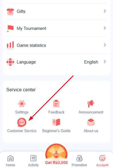 Click on customer service on account page
