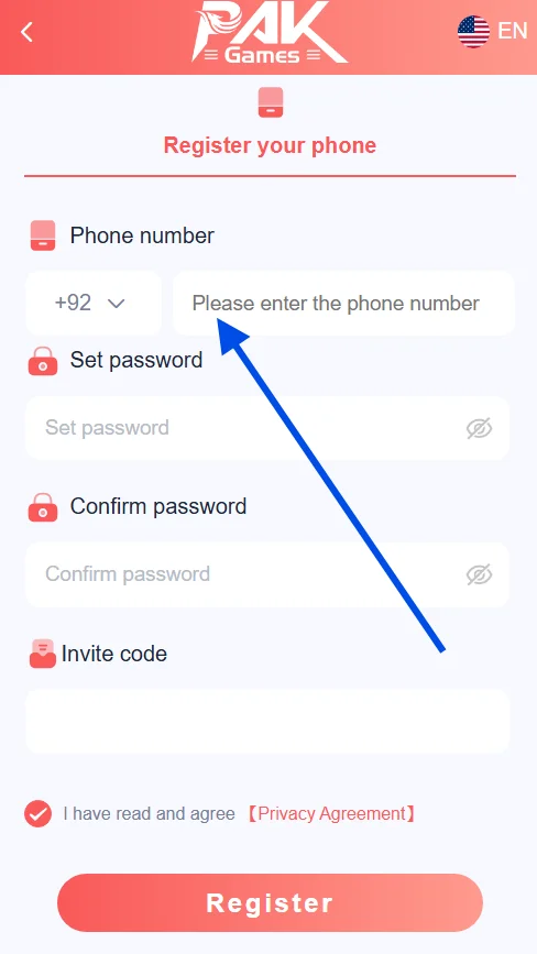 enter the phone number to register