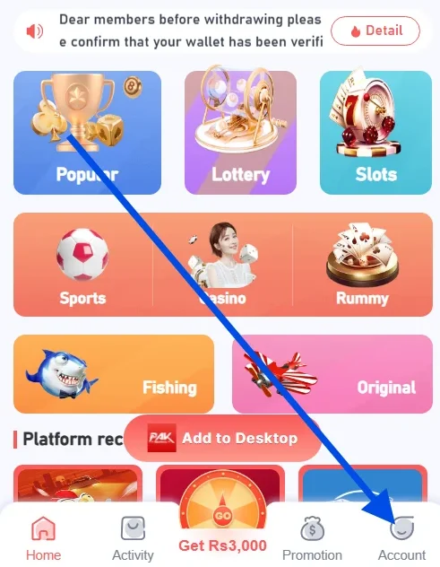 Click the account section